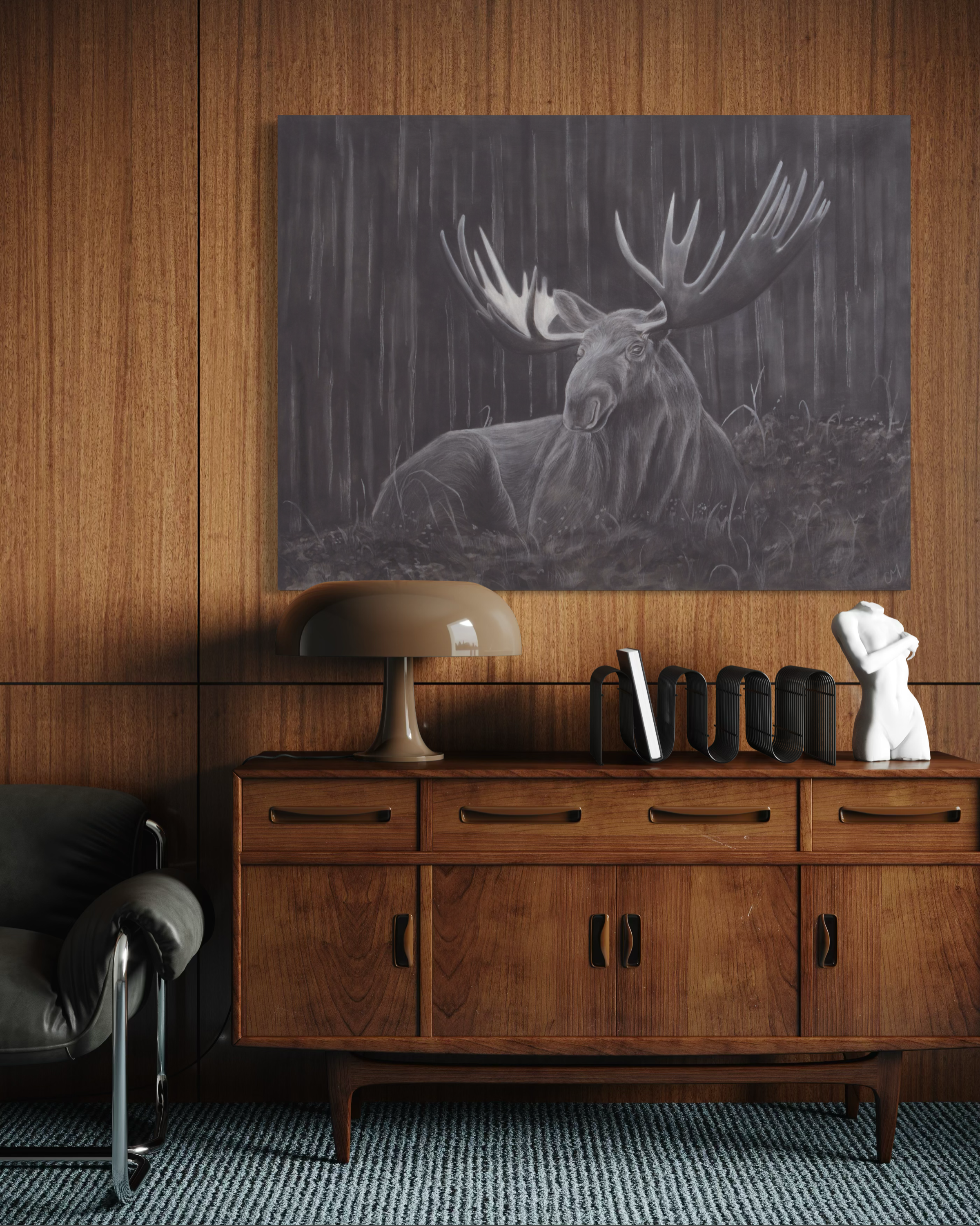 Original Charcoal Moose Drawing
