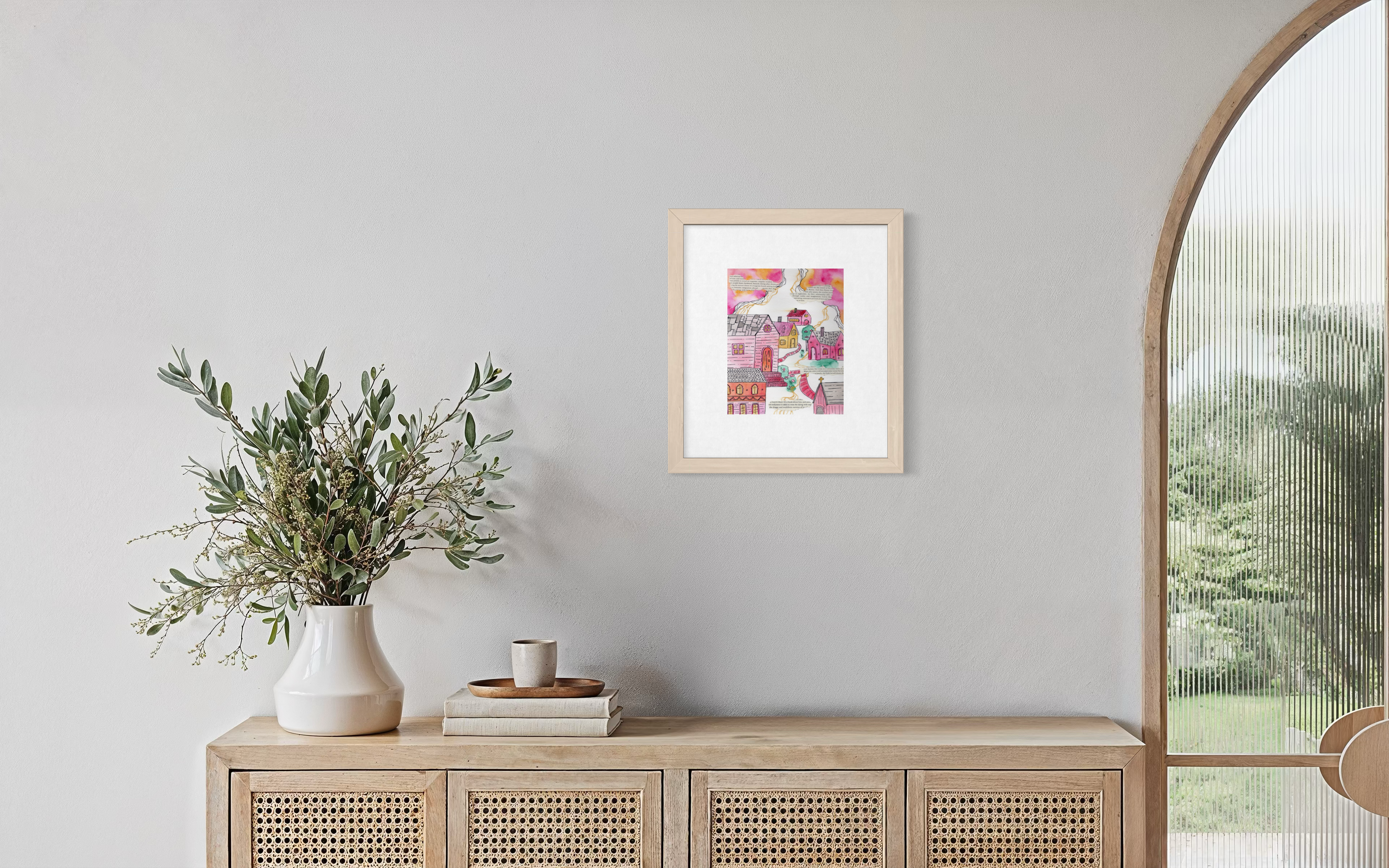 Pink Town Watercolor Painting 8x10 Print with 11x14 Matte Border