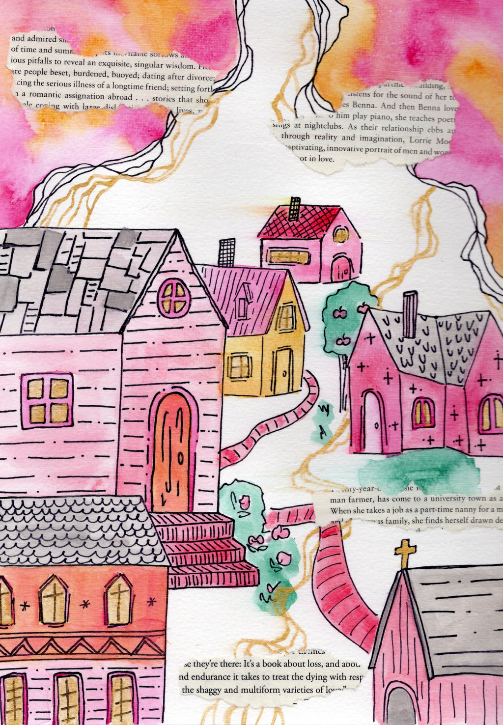 Pink Town Watercolor Painting 8x10 Print with 11x14 Matte Border